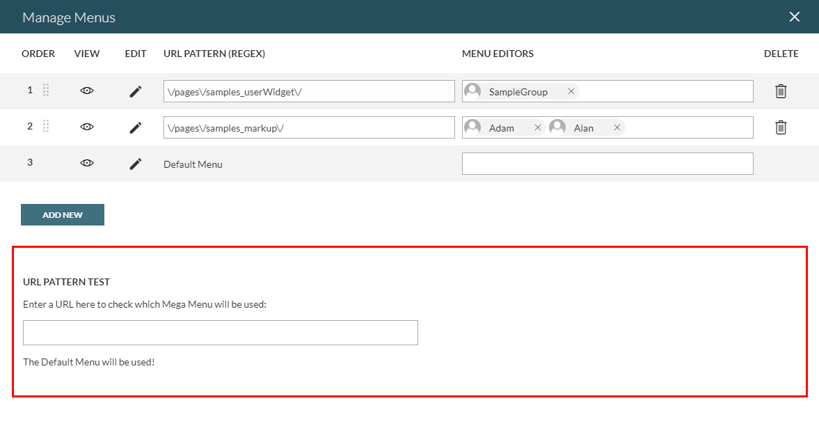 MegaMenu Manager URL pattern test